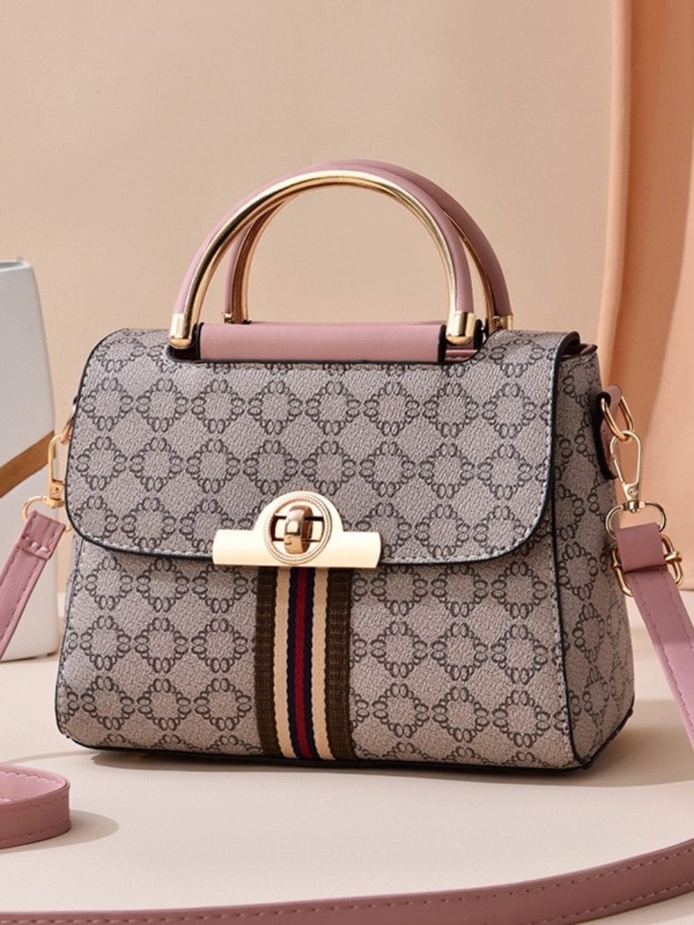 Others Follow Pink-Trim Monogram Satchel with Striped Webbing